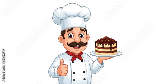 Cartoon Chef Holding Cake Giving Thumbs Up in Kitchen: Culinary Success Illustration for Restaurant Menu, Baking Business, Sweet Food Presentation. Delicious Dessert Clipart, Professional Baker, Happy