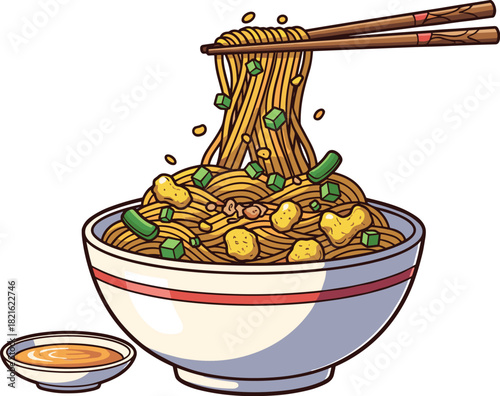Delicious Noodles Served with Chopsticks Illustration: Golden, Savory Asian Cuisine Indulgence in a White Bowl with Sauce for Restaurant Menus & Food Blogs. Traditional Comfort Food, Modern Graphic, T