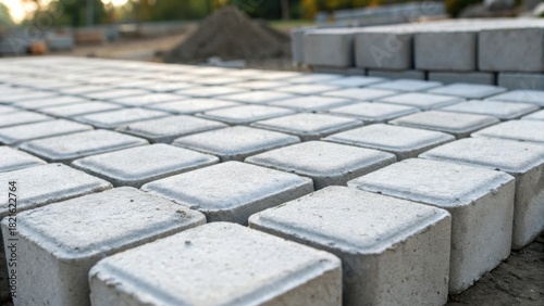 Social Security Contribution Concept. Paved stones arranged neatly on a construction site, with a natural background suggesting ongoing landscaping work.