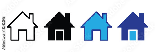 Collection of four simplified house icons in outline, solid black, bright blue, and dark blue on a white background, representing home and housing concepts.