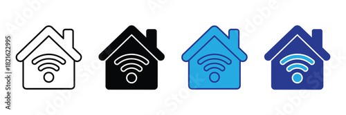 Set of four house icons with wifi symbol inside, showing outline, solid black, bright blue, and dark blue variations for smart home technology