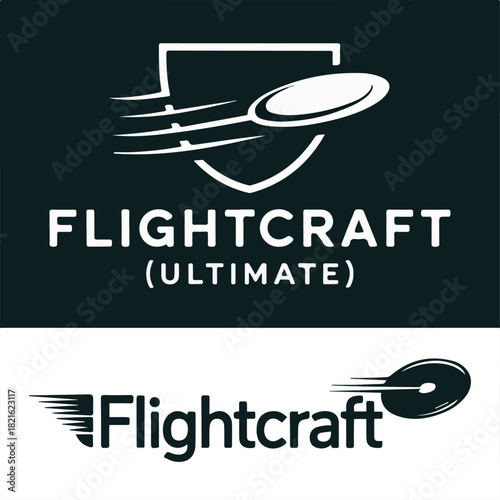 Flightcraft Ultimate disc shield logo with flying frisbee and minimalist crest, clean team badge vector illustration for ultimate frisbee branding