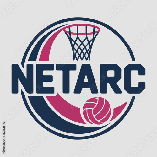 Netarc netball logo with hoop and fast ball inside circular sweep, contemporary court sport badge vector for clubs, leagues and tournament branding