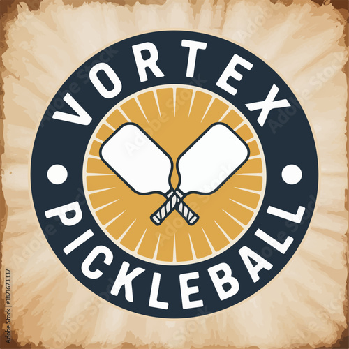 Vortex Pickleball round badge with crossed paddles and sunburst circle, vintage sport logo emblem, retro court game vector for club branding and apparel