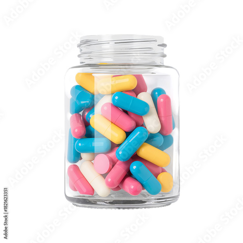 Colorful Capsules in Clear Glass Jar on White Background Ready for Use