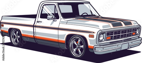 Vintage Pickup Truck Illustration Cruising: Classic Automotive Design in a Graphic Style Artwork, Perfect for Transportation Enthusiasts and Automotive Industry Marketing, Classic American Muscle Car