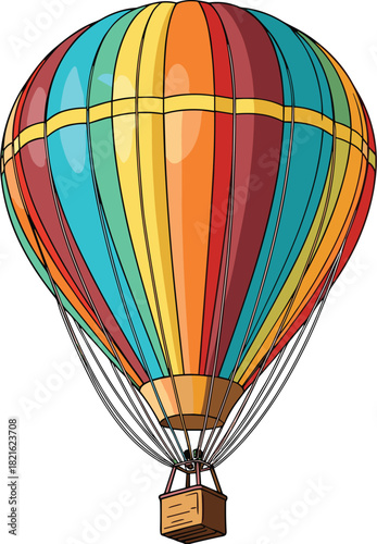 Colorful Hot Air Balloon Floating Adventure: Brightly Colored Striped Aeronaut Ascending in Tranquil Sky, Vintage Illustration for Travel Adventure, Recreational Graphic, Festive Design, Celebration C