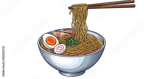 Steaming Bowl of Ramen Noodles with Chopsticks: A Delicious Japanese Noodle Soup Lunch in a Restaurant Setting Depicted in a Detailed Vector Art Illustration for Culinary Marketing, Gastronomy Blogs,
