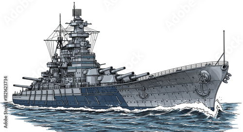Detailed Battleship Cruising on the Ocean Waves: Naval Vessel in Action on the Water, a Symbol of Maritime Power and Historical Military Might, for Presentations, Marketing, and Website Designs, in a