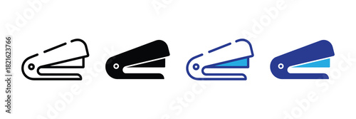 Four diverse stapler icons: outline, solid black, outline blue with blue accent, and solid blue with blue accent, isolated on white background