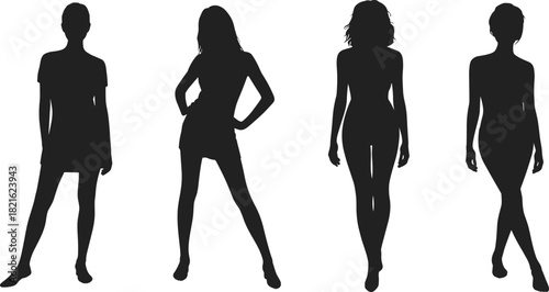 Beautiful four women fashion silhouettes posing in sexy mini dresses studio black and white vector isolated illustration set.