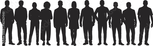Diverse men and women team silhouette set, standing people group, isolated vector illustration, corporate staff collection.
