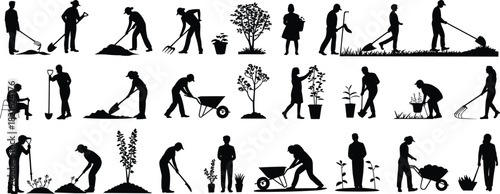 Diverse people gardening silhouette collection, working with tools, planting trees, farming labor vector illustration set.