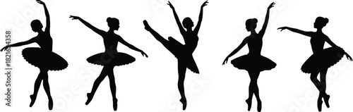 Elegant vector set of five ballet dancer silhouettes in tutus, performing graceful poses, illustrating classical dance art.