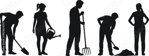 Diverse silhouettes of people gardening and farming, utilizing essential tools like a shovel, watering can, and pitchfork vector.