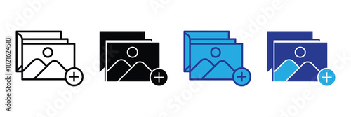 Collection of image gallery icons with plus sign indicating adding new picture, available in line, solid, and color variants for digital use