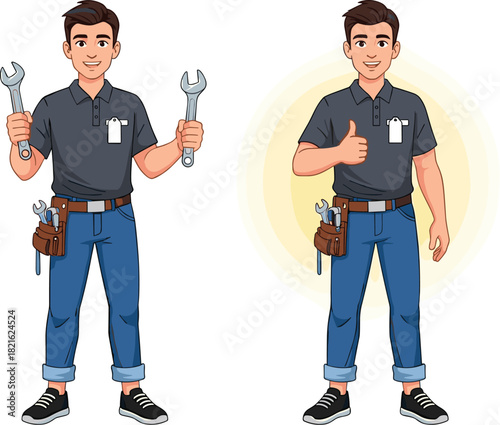 Confident Handyman Cartoon Character Poses with Tools & Thumbs Up for Repair Services, Illustrating Professional Expertise & Customer Approval in Home Improvement Industry, Ideal for Website & Marketi