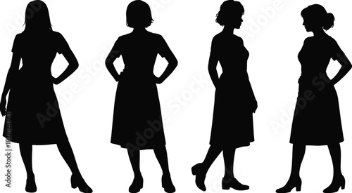Four black vector silhouettes of women in retro 1950s midi dresses, standing in confident and classic fashion poses.