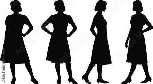 Four black vector silhouettes of women in elegant 1950s midi dresses, standing in confident, retro fashion poses.