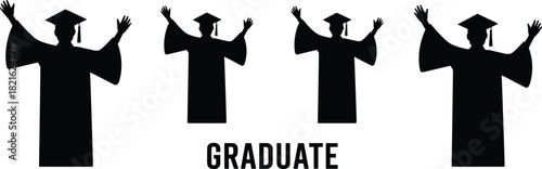 Four celebratory graduate silhouettes in caps and gowns with arms raised in success, achieving academic milestones vector.