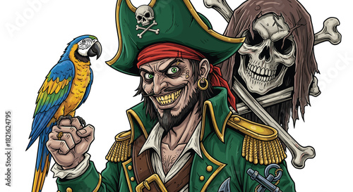 Cartoon Pirate Captain with Macaw and Skull Crew Smiling Menacingly on Treasure Island Adventure, Nautical Fantasy Illustration for Children's Book, Game Design, Poster Art, Halloween Celebration, His