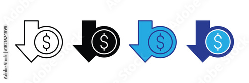 Icon set symbolizing financial decrease with downward arrow and dollar coin, representing costs reduction, budget cuts, and economic recession.