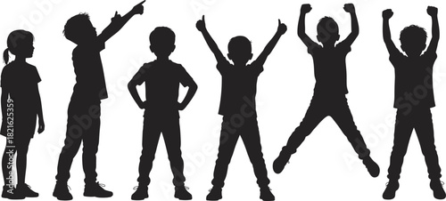 Group of children and kids silhouettes jumping, pointing, and standing in various happy and joyful poses vector.