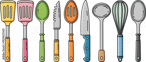 Kitchen Utensils Illustration: Culinary Tools for Cooking and Baking in a Modern Kitchen Setting, Perfect for Recipe Illustrations, Blog Graphics, and Food Industry Marketing with Bright Colors (Spatu