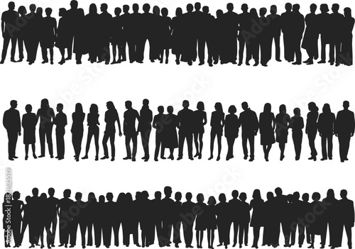 Large vector collection of diverse crowd silhouettes in three horizontal rows, illustrating a large group of people.