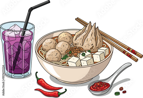 Bakso Meatball Soup Meal with Noodles and Tofu Served with Spicy Sambal Sauce and Purple Drink in Asian Restaurant, Traditional Cuisine for Food Blog, Delicious Street Food, Culinary Experience, Gourm