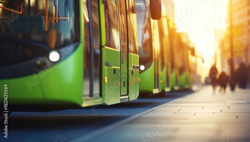 A Fleet of Green City Buses Awaiting Passengers in Urban Environment