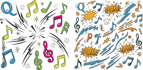 Colorful Music Notes and Comic Book Style Explosions Doodle Art