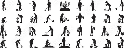 Large vector set of diverse people gardening, planting, and working in the field with various farming tools silhouettes.