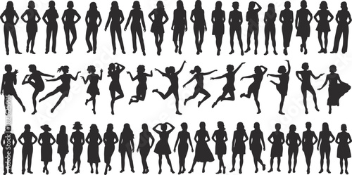 Large vector set of diverse women silhouettes in various standing, dancing, and elegant fashion poses collection.