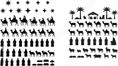 Large vector set of Nativity scene silhouettes: Three Kings, stable, camels, shepherds, wise men, and stars collection.
