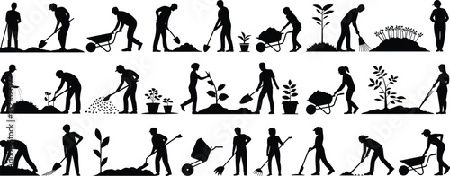 Massive vector set of people gardening, farming, and planting with tools, illustrating manual labor and agricultural work.