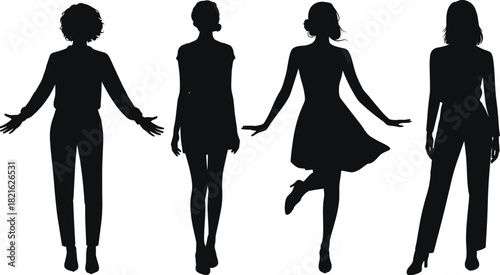 Stylish vector silhouettes of four women in different fashionable poses and various casual and elegant outfits.