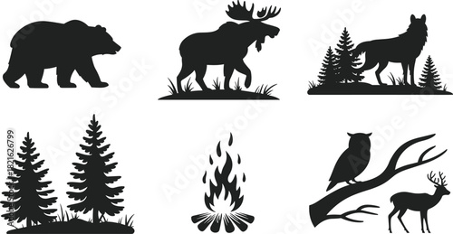 Vector set of black wilderness and forest animal silhouettes: bear, moose, wolf, owl, deer, trees, and campfire icon.