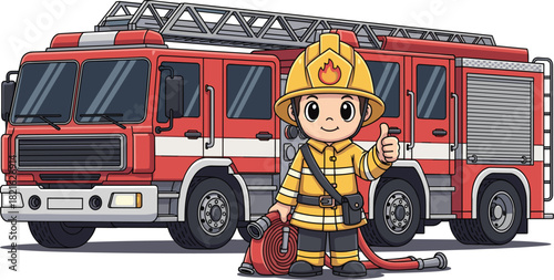 Cartoon Firefighter Giving Thumbs Up Next to Firetruck Illustration: Emergency Services Hero Ready for Action in Educational and Awareness Campaigns, Children's Book Art, Promoting Safety and Communit
