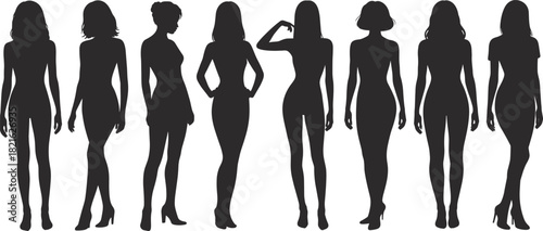Vector set of eight slim female silhouettes in various standing and posing stances, illustrating fashion and beauty concepts.