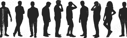 Vector set of diverse young people and students silhouettes standing in casual clothes, thinking, and interacting poses.