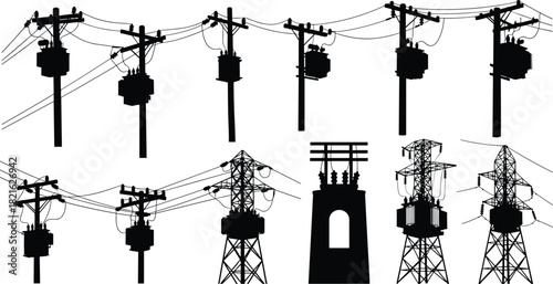 Electric Power Distribution and Substation Elements: Utility Poles, Transformers, and Transmission Terminal Silhouettes