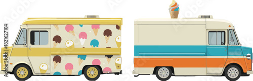 Vibrant, illustrated ice cream and dessert food trucks side by side, serving delicious summer frozen treats vector graphic.