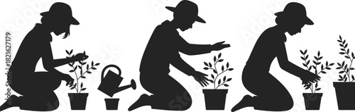 Woman gardener caring for potted plants, kneeling, watering, and nurturing saplings vector silhouette 