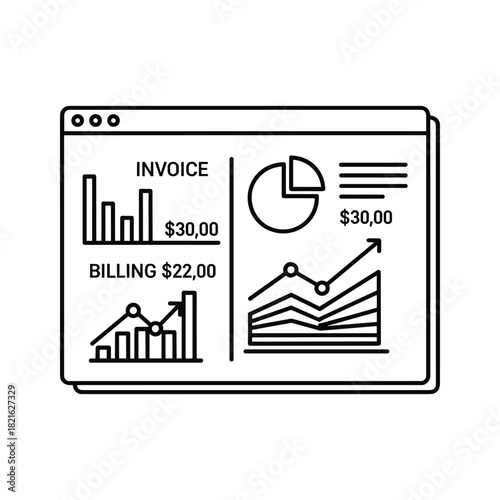 Line icon of a financial dashboard with charts, invoice, and billing data