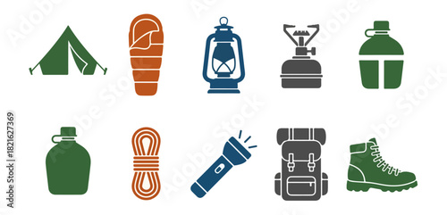 Camping equipment icons set outdoor adventure supplies illustrations