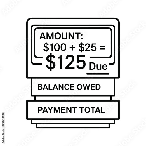 Black and white icon stamp showing amount due calculation and balance owed