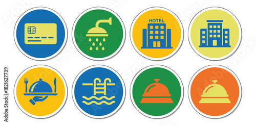 Hotel and hospitality icons set credit card shower buildings food pool reception