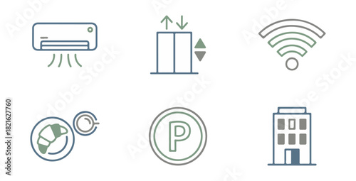 Hotel and travel icon set accommodation services and amenities