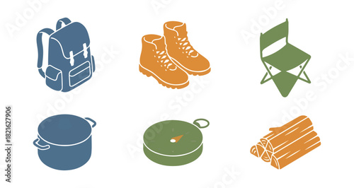Isometric camping gear icons set isolated black background